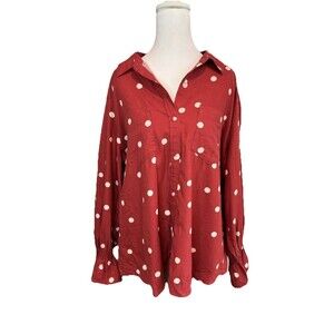 LAUREN CONRAD TOP SIZE XL RED WHITE POLKA DOT COLLAR BUTTON UP-3/4 SLEEVE NWT